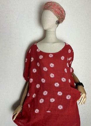 Хлопок100%,блуза красная в цветы рубаха,туника,италия,етно бохо стиль