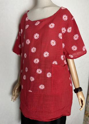 Хлопок100%,блуза красная в цветы рубаха,туника,италия,етно бохо стиль9 фото