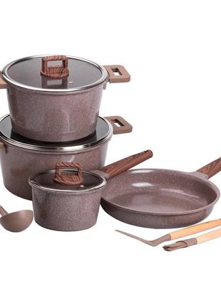 Набор посуды алюминий с толстым дном mgc с лопаткой, половником и щеткой кофейный