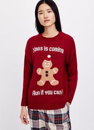 Нереальный новогодний красный акриловый свитер, кофта с принтом oysho, p.s/m
