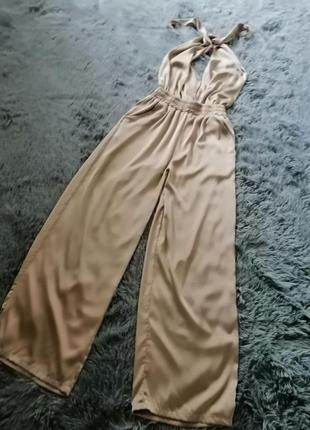 Шёлковый костюм ромпер комбинезон накидка с поясом длинные брюки  широкие палаццо5 фото