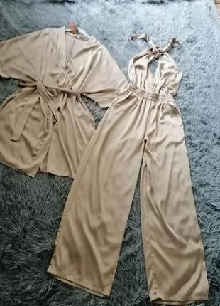Шёлковый костюм ромпер комбинезон накидка с поясом длинные брюки  широкие палаццо7 фото