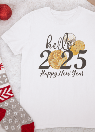 Футболка біла з оригінальним новорічним принтом "happy new year 2025. hello 2025" push it