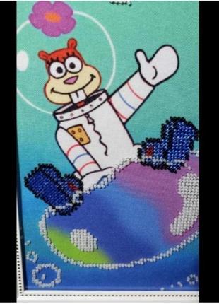 Мультяшная картина вышитая бисером,губка бобов, в рамке со стеклом