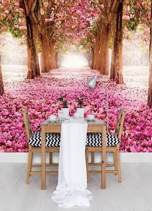 Флизелиновые обои фото природа аллея  368x254 см ковер из розовых лепестков в лесу (851v8)+клей