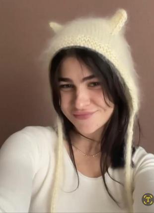 В наявності молочна шапка з мохеру kitty чепчик з вушками кото-чепчик кото-шапка котошапка з вушками