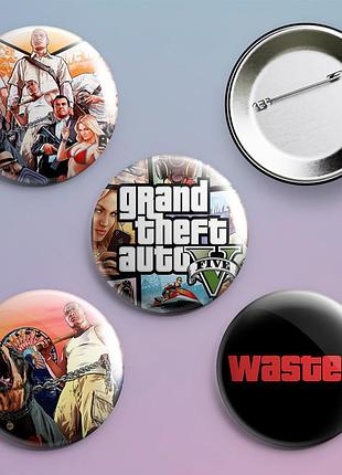 Закатные значки с принтом игры grand theft auto gta металлические на булавке 56 мм х 4 штуки