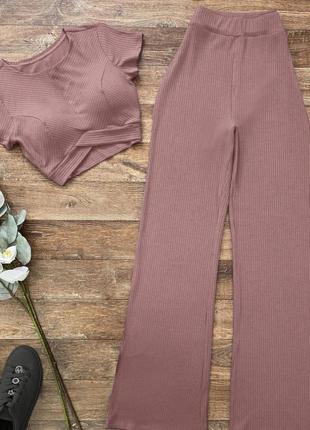 Костюм женский стильный топ короткий брюки на высокой посадке качественный мятный мокко3 фото