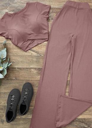 Костюм женский стильный топ короткий брюки на высокой посадке качественный мятный мокко4 фото