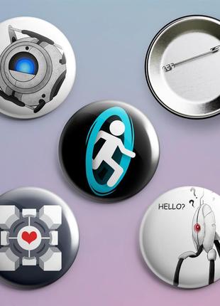 Закатні значки з принтом гри portal металеві на шпильці 56 мм х 4 штуки