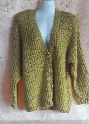 Кардиган ручной работы, оливкового цвета, пог-60, поб-59, длина-64, рукав приспущенный, теплый