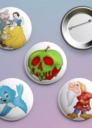 Закатні значки з принтом білосніжка металеві на шпильці 56 мм х 4 штуки