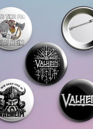 Закатні значки з принтом гри valheim металеві на шпильці 56 мм х 4 штуки