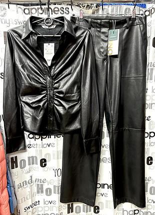 Рубашка женская короткая молодёжная, чёрная эко кожа, s-m