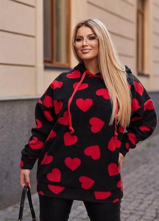 Женское теплое худи утепленное на флисе  зимнее удлиненное зима сердце