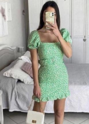 Стильное короткое платье zara в мелкий цветочек с поясом лен размер м сарафан