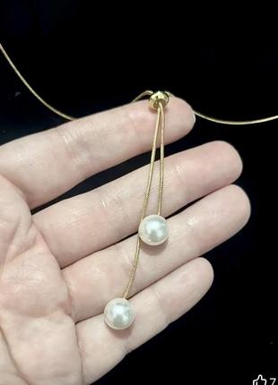 Минималистичное лаконичное золотое колье с жемчугом цепочка подвеска бусы украшение на шею