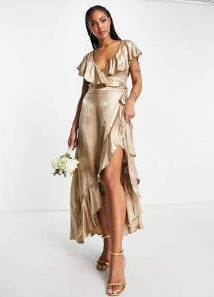 Золотистое атласное платье с запахом и оборками top-shop bridesmaid