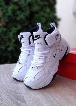 Жіночі чоловічі якісні та стильні кросівки nike m2k tekno high fullpalm високі білі з чорним