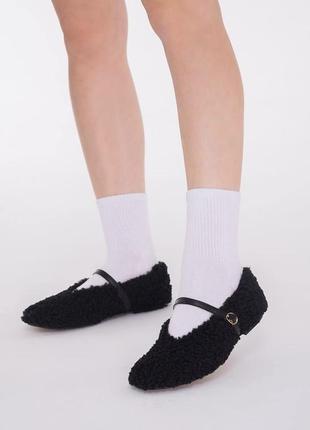 ▪️тренд 2024 теплі жіночі хутряні чорні балетки teddy bear пухнасті овчина барашек шкіряні натуральна шкіра хутро осінь зима