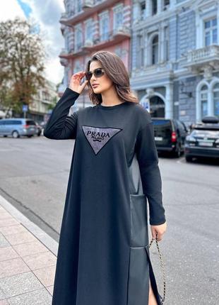 Стильна сукня максі з довгим рукавом з оздобленням в стилі "prada", жіноча довга сукня екошкіра+ креп дайвінг батал / 774 фото