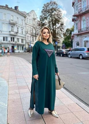 Стильна сукня максі з довгим рукавом з оздобленням в стилі "prada", жіноча довга сукня екошкіра+ креп дайвінг батал / 777 фото
