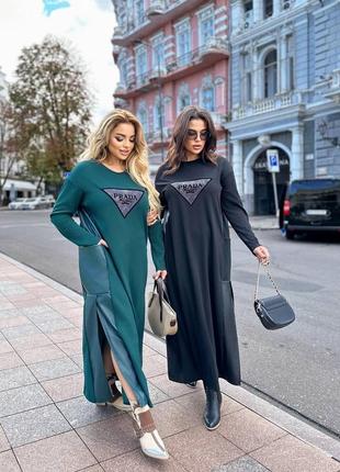 Стильна сукня максі з довгим рукавом з оздобленням в стилі "prada", жіноча довга сукня екошкіра+ креп дайвінг батал / 772 фото
