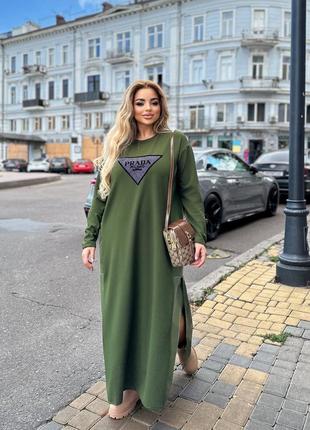 Стильна сукня максі з довгим рукавом з оздобленням в стилі "prada", жіноча довга сукня екошкіра+ креп дайвінг батал / 779 фото