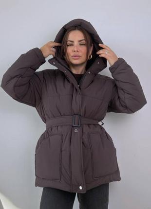 Куртка на синтепусе женская с поясом шоколад коричневая бордо