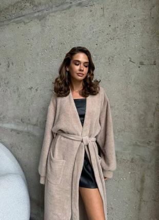 Теплый кардиган под пояс с ворсом