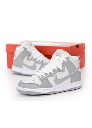 Кожаные зимние кроссовки на меху nike air force high fur white grey