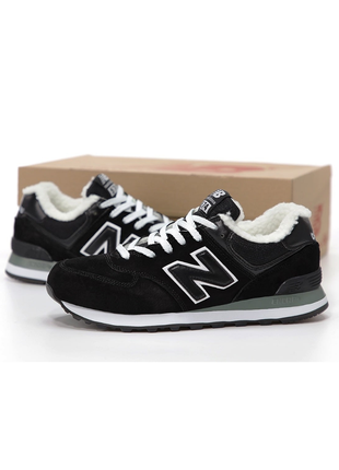 Замшевые зимние кроссовки на меху new balance 574 fur black white