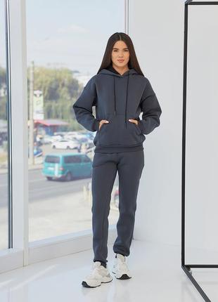 Теплый графитовый серый спортивный костюм на флисе с худи и брюками джоггерами