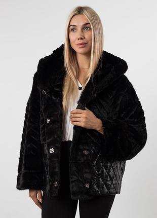 Жіноча куртка коротка комбінована з хутровими вставками нарядна, святкова чорна к817