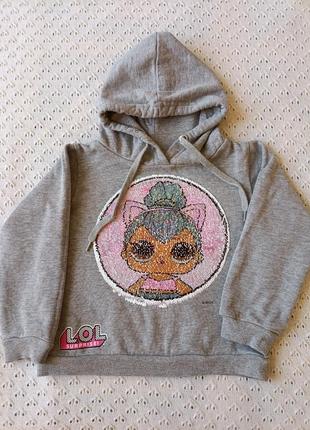 Утепленный свитшот lol с капюшоном с пайетками для девочки кофта тепла с лол худи