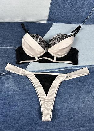 Ann summers комплект білизни з мереживом чорний бежевий сатиновий трусики стрінги бюстгальтер бра корсет