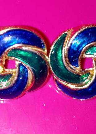 Сине-зелено-золотистые круглые серьги-гвоздики