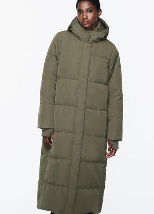 Длинный пуховик пальто zara оливковый хаки теплый зимний / теплый длинных пуховик пальто зара