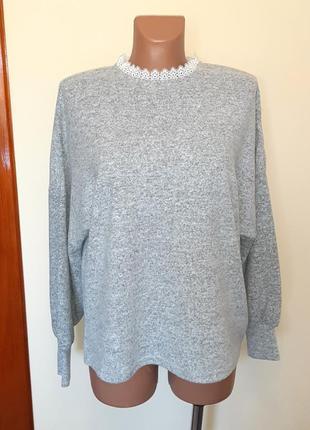 💥1+1=3 базовый стильный серый свитер с кружевной стойкой drothy perkins, размер 46 - 482 фото
