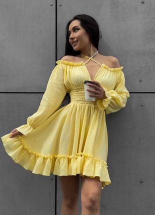 Жіноча літня романтична жовта муслінова коротка сукня міні муслін2 фото