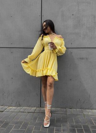Жіноча літня романтична жовта муслінова коротка сукня міні муслін7 фото