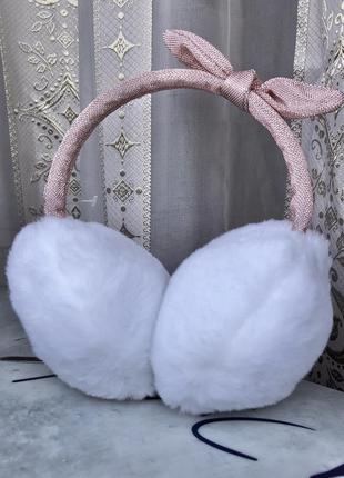 Наушники махровые меховые мягкие зимние теплые тёплые белые розовые блестящие с бантиком детские для девочки девочек