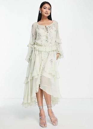 Платье миди с оборками, цветочным декором и завязками asos design2 фото