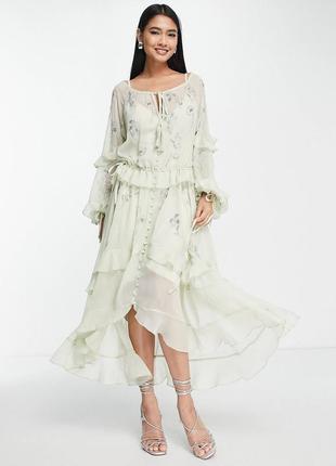 Платье миди с оборками, цветочным декором и завязками asos design3 фото