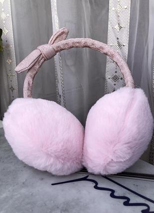 Наушники махровые меховые пушистые мягкие зимние теплые тёплые розовые блестящие с бантиком детские для девочки девочек
