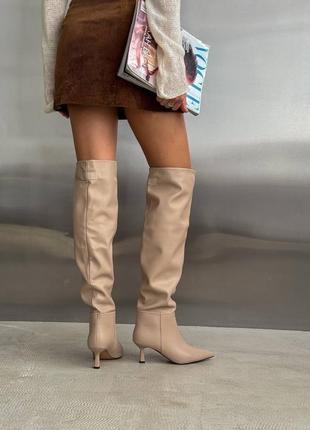 Бежеві шкіряні демісезонні демі осінні чоботи ботфорти на середній шпильці з гострим...