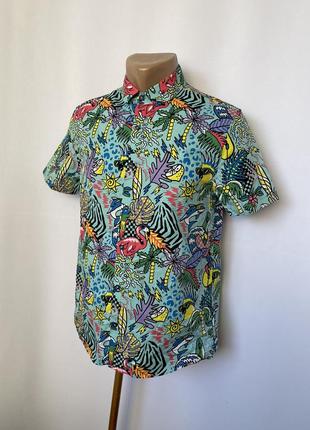 Next голубая яркая рубашка гавайка тенниска с разноцветным принтом разноцветна пестрая мультяшная