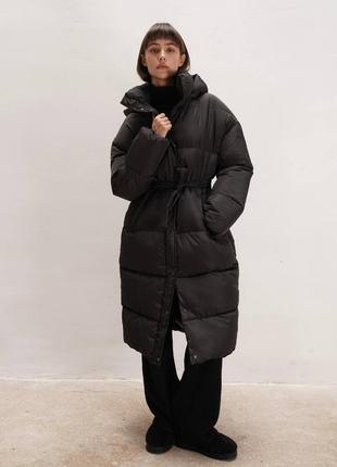 Теплий подовжений пуховик до -20°, жіночий дутий зимовий пуховик міді з поясом, пуховик з капюшоном на зиму, cloud