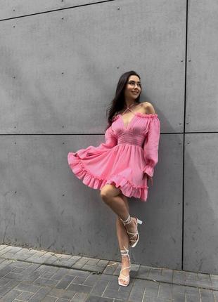 Женское летнее романтичное розовое муслиновое короткое платье мини муслин4 фото