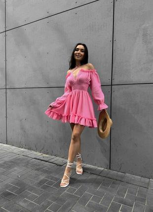Женское летнее романтичное розовое муслиновое короткое платье мини муслин9 фото